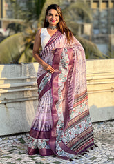 Lavender Chanderi Crush Silk Floral Printed Saree with Zari Woven Jacquard Panel Border