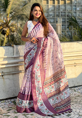 Lavender Chanderi Crush Silk Floral Printed Saree with Zari Woven Jacquard Panel Border