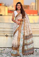 Mehendi Green Chanderi Crush Silk Floral Printed Saree with Zari Woven Jacquard Panel Border