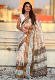 Mehendi Green Chanderi Crush Silk Floral Printed Saree with Zari Woven Jacquard Panel Border