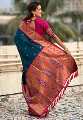 Denim Blue Zari Woven Tiny Nath Meenakari Contrast Yeola Paithani Silk Saree