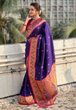 Violet Zari Woven Tiny Nath Meenakari Contrast Yeola Paithani Silk Saree