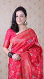 Pink Banarasi Jaal Soft Silk Gold Zari Meenakari Woven Saree