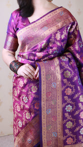 Purple Banarasi Jaal Soft Silk Gold Zari Meenakari Woven Saree
