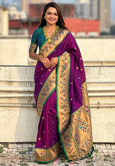 Wine Zari Woven Tiny Nath Meenakari Contrast Yeola Paithani Silk Saree