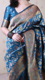 Denim Blue Banarasi Jaal Soft Silk Gold Zari Meenakari Woven Saree
