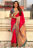 Pink Zari Woven Tiny Nath Meenakari Contrast Yeola Paithani Silk Saree
