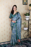 Blue Soft Tussar Silk Abstract Party Wear Printed Zari Woven Saree
