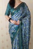 Blue Soft Tussar Silk Abstract Party Wear Printed Zari Woven Saree