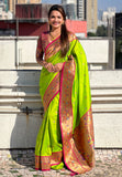 Parrot Green Zari Woven Tiny Nath Meenakari Contrast Yeola Paithani Silk Saree