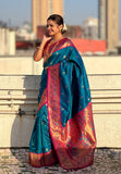 Blue Zari Woven Tiny Nath Meenakari Contrast Yeola Paithani Silk Saree