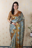 Gold Soft Tussar Silk Abstract Party Wear Printed Zari Woven Saree