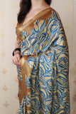 Gold Soft Tussar Silk Abstract Party Wear Printed Zari Woven Saree