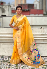 Yellow Organza Paithani Zari Woven Saree