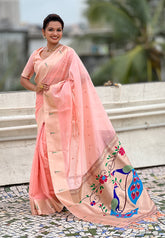 Baby Pink Organza Paithani Zari Woven Saree