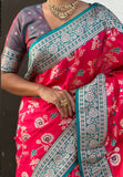 Pink Banarasi Contrast Jaal Soft Silk Zari Woven Saree