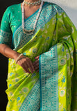 Parrot Green Banarasi Contrast Jaal Soft Silk Zari Woven Saree