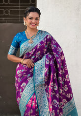 Purple Banarasi Contrast Jaal Soft Silk Zari Woven Saree