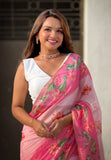 Baby Pink Chanderi Cotton Pichwai Printed Saree with Zari Woven Border