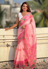 Baby Pink Chanderi Cotton Pichwai Printed Saree with Zari Woven Border