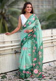 Sea Green Chanderi Cotton Pichwai Printed Saree with Zari Woven Border