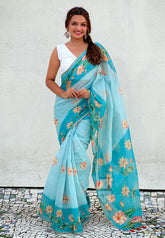 Sky Blue Chanderi Cotton Pichwai Printed Saree with Zari Woven Border