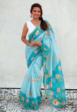 Sky Blue Chanderi Cotton Pichwai Printed Saree with Zari Woven Border