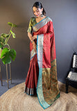 Red Soft Kashmiri Silk Zari Woven Contrast Saree