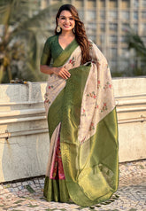 Cream with Green Organza Silk Floral Kalamkari Fusion Printed Saree with Zari Woven Contrast Border