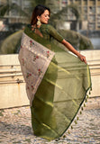 Cream with Green Organza Silk Floral Kalamkari Fusion Printed Saree with Zari Woven Contrast Border