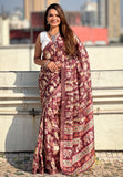 Dark Brown Tussar Silk Printed Saree with Zari Woven Border