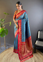 Blue Contrast Zari Woven Silk Saree With Satin Unique Border