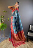 Blue Contrast Zari Woven Silk Saree With Satin Unique Border