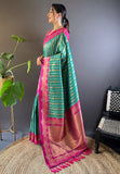 Green with Pink Contrast Zari Woven Silk Saree With Satin Unique Border