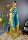 Sky Blue Contrast Zari Woven Silk Saree With Satin Unique Border