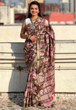 Bottle Green Tussar Silk Printed Saree with Zari Woven Border
