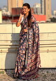 Dark Blue Tussar Silk Printed Saree with Zari Woven Border