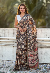 Black Tussar Silk Printed Saree with Zari Woven Border