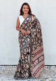 Black Tussar Silk Printed Saree with Zari Woven Border