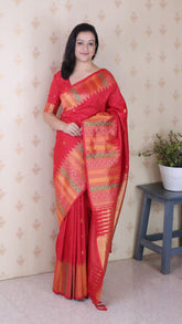 Red Soft Silk Meenakari Zari Woven Saree with Temple Border