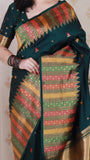 Bottle Green Soft Silk Meenakari Zari Woven Saree with Temple Border
