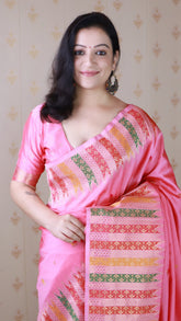 Baby Pink Soft Silk Meenakari Zari Woven Saree with Temple Border