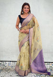 Green Tissue Crush Silk Floral Printed Saree with Zari Woven Border