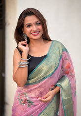 Baby Pink Tissue Crush Silk Floral Printed Saree with Zari Woven Border