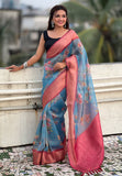 Blue Tissue Crush Silk Floral Printed Saree with Zari Woven Border