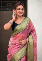 Pink Tissue Crush Silk Floral Printed Saree with Zari Woven Border
