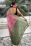Pink Tissue Crush Silk Floral Printed Saree with Zari Woven Border