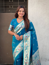 Rama Blue Chandrakor Paithani Silk Banarasi Zari Woven Saree