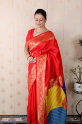 Red Soft Silk Banarasi Multicolor Pallu Zari Woven Saree