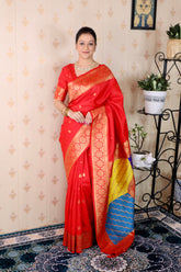 Red Soft Silk Banarasi Multicolor Pallu Zari Woven Saree